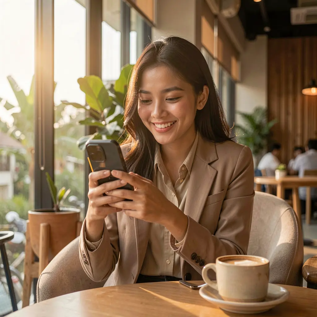 Smiling Filipino woman checking casino updates on her phone while relaxing in a bright modern environment using the D9D9D9 app