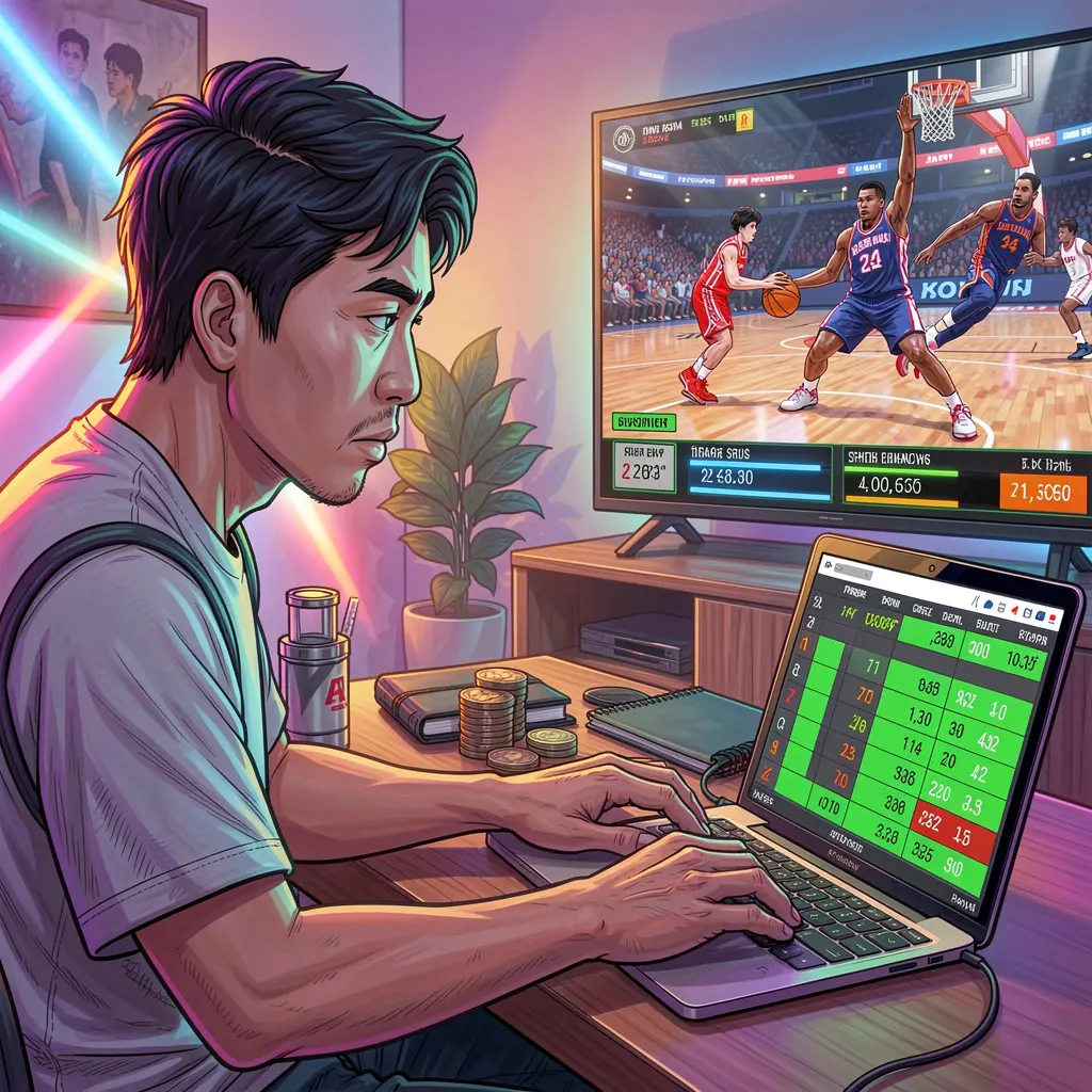 D9D9D9 Bet – Place live basketball bets online with ease in the Philippines Focused Filipino sports bettor using a laptop at home while watching a live basketball game and placing bets on the D9D9D9 platform