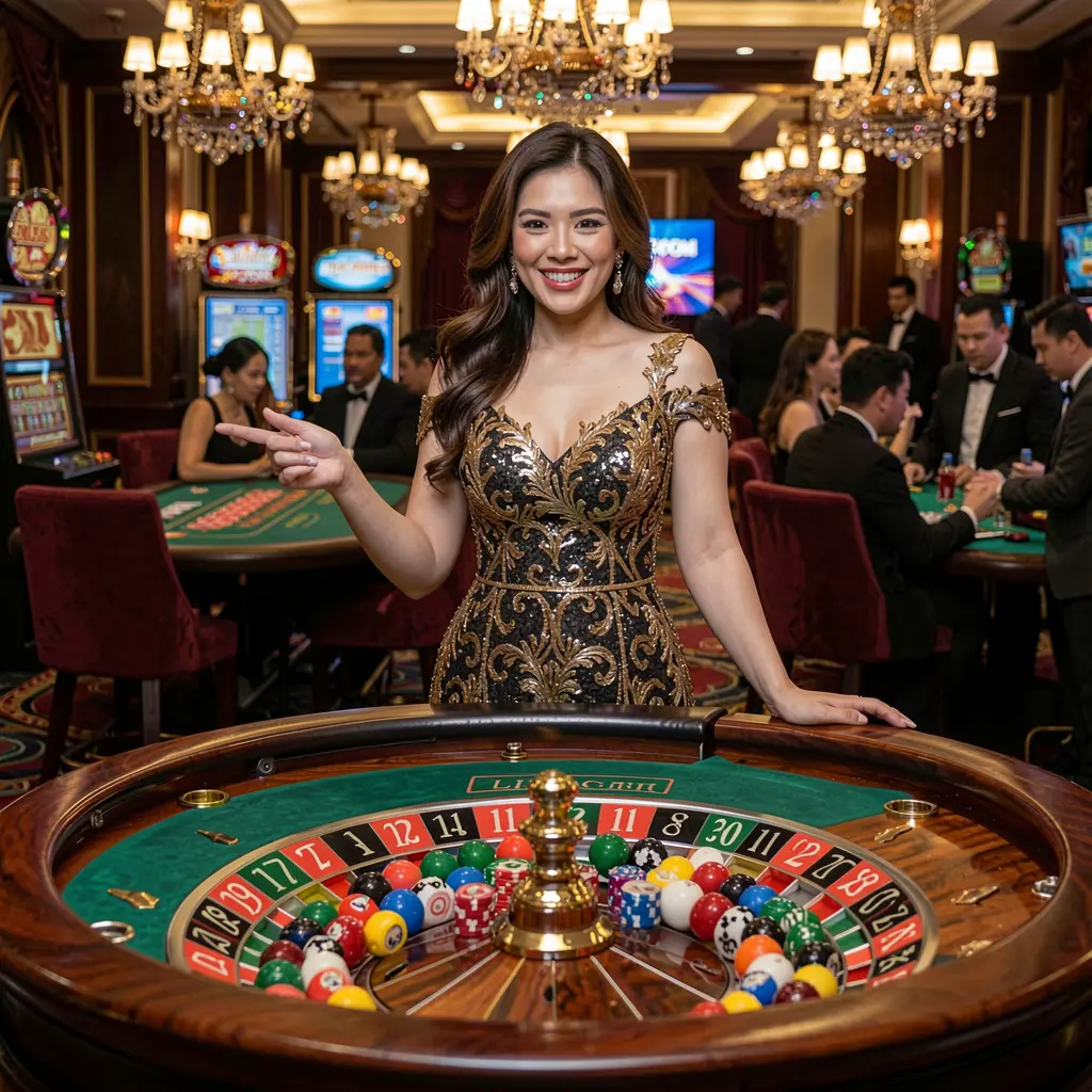D9D9D9 – Join immersive live casino games tailored for the Philippines Stylish live casino hostess at a roulette table inside a glamorous gaming hall representing the premium D9D9D9 casino experience for players in the Philippines