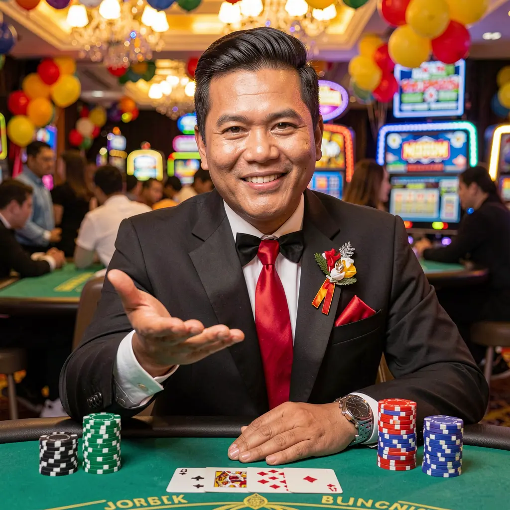 D9D9D9 Login – Secure and smooth account access for Filipino players Stylish casino dealer standing at a gaming table with cards and chips representing the trusted D9D9D9 online casino login for players in the Philippines